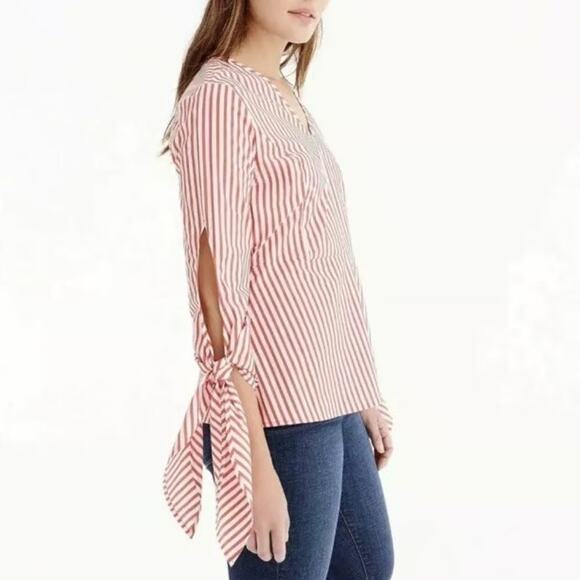 Universal Standard for J. Crew Top Striped Red White Zip Tie 3/4 Sleeve Sz L - Picture 2 of 8